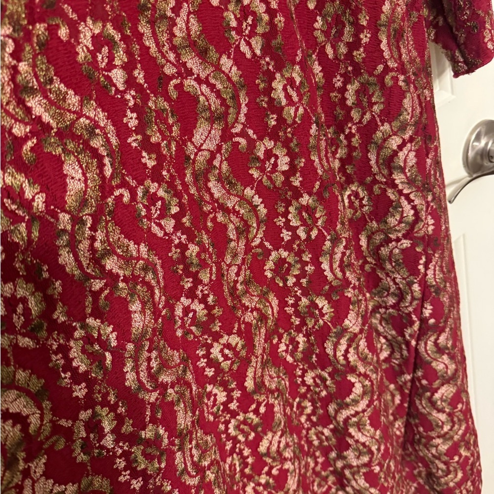 LuLaRoe Shirley Kimono Red Raspberry/Gold Lace Knit Open Front  Sweater Size Lar - Picture 10 of 11